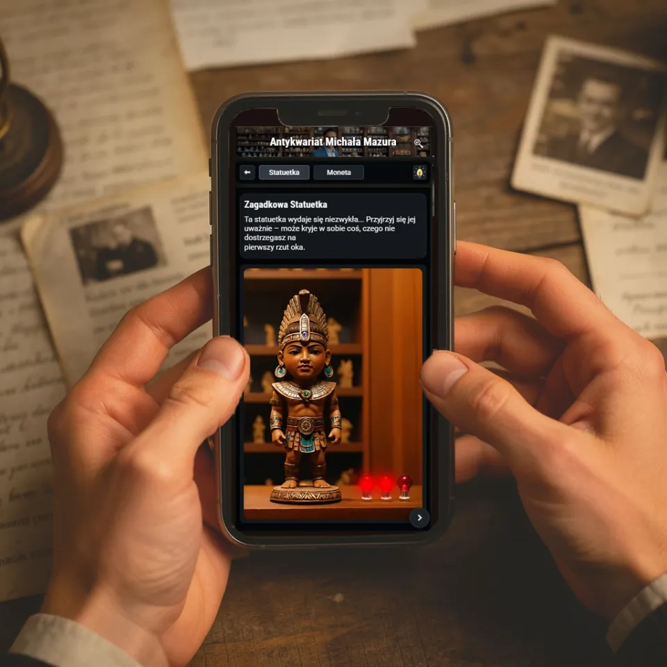 A phone showing the statuette puzzle in the antique shop