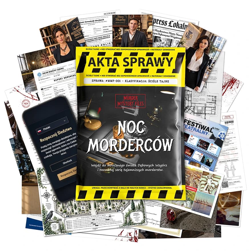 Akta sprawy „Noc Morderców” otoczone materiałami: raportami policyjnymi, fotografiami podejrzanych, mapą cmentarza i telefonem z aplikacją