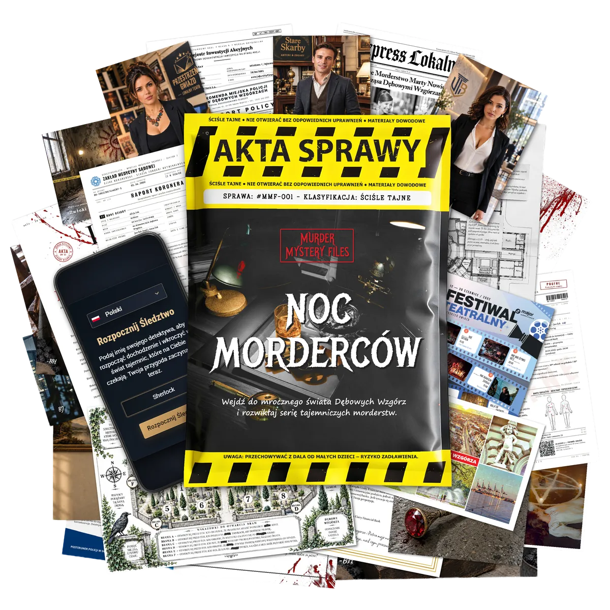 The Night of the Murderers case file surrounded by evidence: reports, suspect photos, a cemetery map and a phone with the app