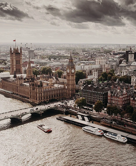 Central London in muted earth tones with a black-and-white effect - a dark atmosphere
